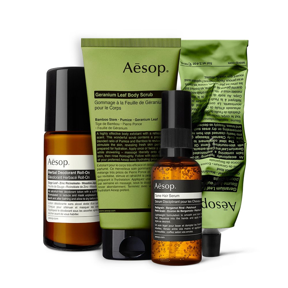 Aesop Body Care Essentials Kit - Geranium Leaf Body Balm (3.3 Fl Oz) + Geranium Leaf Body Scrub (6.1 Fl Oz) + Deodorant Roll-On (1.6) + Tame Hair Serum (2 Fl Oz) | Paraben, Cruelty-free & Vegan