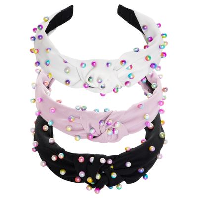 Sucrain 3 Pcs Pearl Knotted Headbands for Women Girls Colorful Jeweled Embellished Gem Faux Pearl Cross Knot Twisted Hairband Turban Headband Hair Accessories(Black,White,Pink)