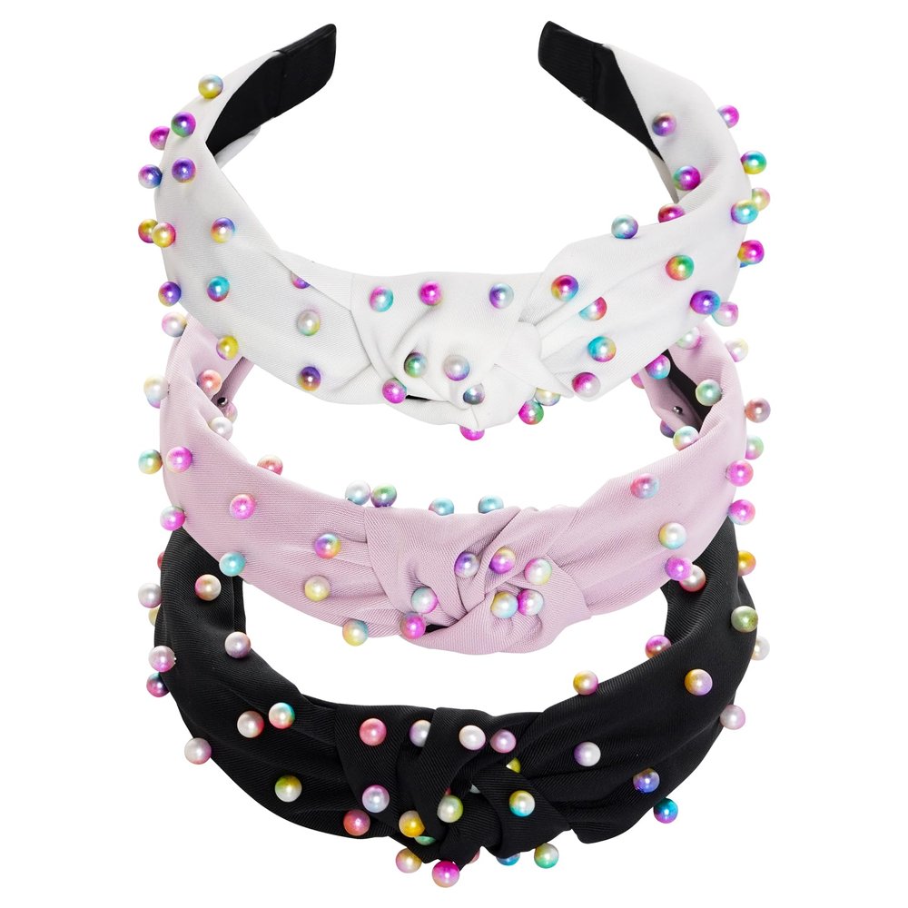 Sucrain 3 Pcs Pearl Knotted Headbands for Women Girls Colorful Jeweled Embellished Gem Faux Pearl Cross Knot Twisted Hairband Turban Headband Hair Accessories(Black,White,Pink)