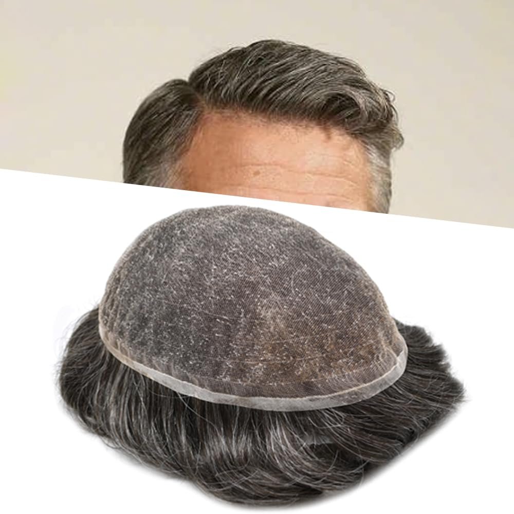 Full French Lace Toupee for Men Human Hair System for Men Bleached Knots with Natural Hairline Breathable Hairpiece #330 Dark Brown with 30% gray hair-100% density, 7"X9"