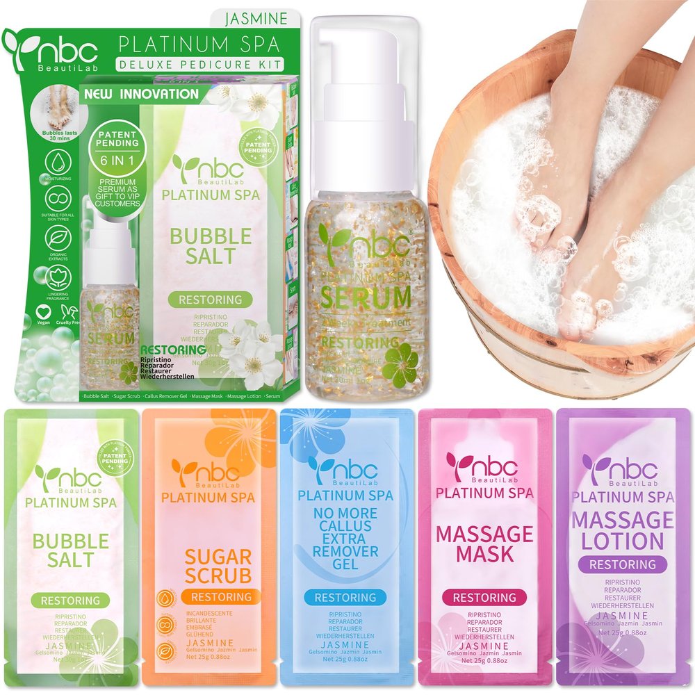 nbc BeautiLab Pedicure Foot Soak Set - Upgraded 6 in 1 Foot Spa, Foot Bath Spa, Pedicure Kit, Foot Soak for Tired & Dry Cracked Feet, Athletes Feet, Bad Odor, Softens Calluses (Jasmine)