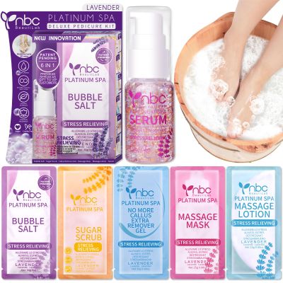 nbc BeautiLab Pedicure Kit Foot Soak Set: Bubble Salt, Sugar Scrub, Massage Mask, Massage Lotion in a Box, 4 Step Foot Spa Kit for Dry Feet,Tired Feet(Lavender)