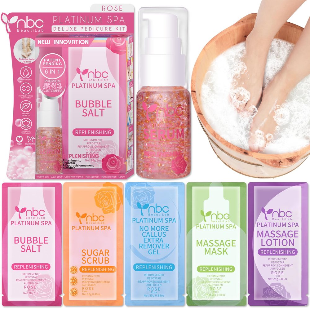 nbc BeautiLab Pedicure Foot Soak Set - Upgraded 6 in 1 Foot Spa, Foot Bath Spa, Pedicure Kit, Foot Soak for Tired & Dry Cracked Feet, Athletes Feet, Bad Odor, Softens Calluses (Rose)