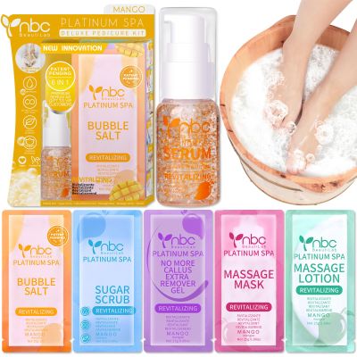 nbc BeautiLab Pedicure Kit Foot Soak Set: Bubble Salt, Sugar Scrub, Massage Mask, Massage Lotion in a Box, 4 Step Foot Spa Kit for Dry Feet, Softens Calluses, Soothes Sore and Tired Feet (Mango)