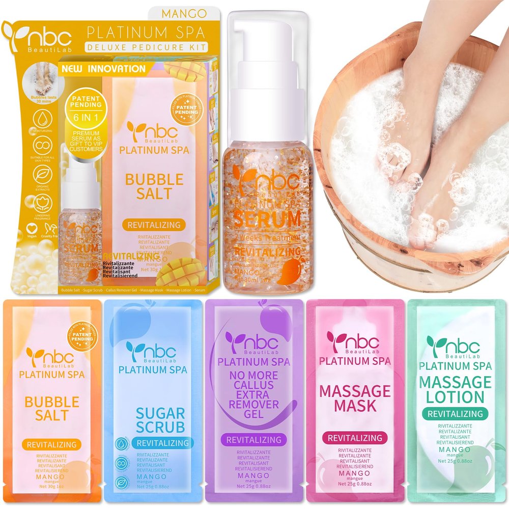 nbc BeautiLab Pedicure Kit Foot Soak Set: Bubble Salt, Sugar Scrub, Massage Mask, Massage Lotion in a Box, 4 Step Foot Spa Kit for Dry Feet, Softens Calluses, Soothes Sore and Tired Feet (Mango)