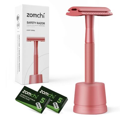 ZOMCHI Double Edge Safety Razor with Stand for Men, Women's Safety Shaving Razor with 10 Double Edge Safety Razor Blades, Single Blade Razor for Shaving Light Coral
