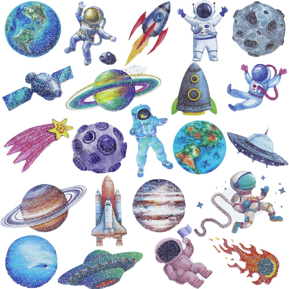 Hohamn 120 Pcs Glitter Galaxy Temporary Tattoos for Boys Kids, 12 Sheets Outer Space Tattoos for Boys Children Birthday Party Supplies Favors Spaceship Decorations