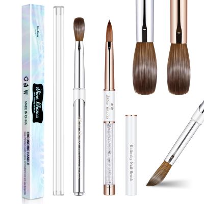 Shine Chance 2Pcs Acrylic Nail Art Brushes Size 8 10, 100% Pure Kolinsky Hair Oval Nail Brush for Acrylic Application, Professional Nail Extension Manicure Tool Striping Nail Drawing Pen for Home