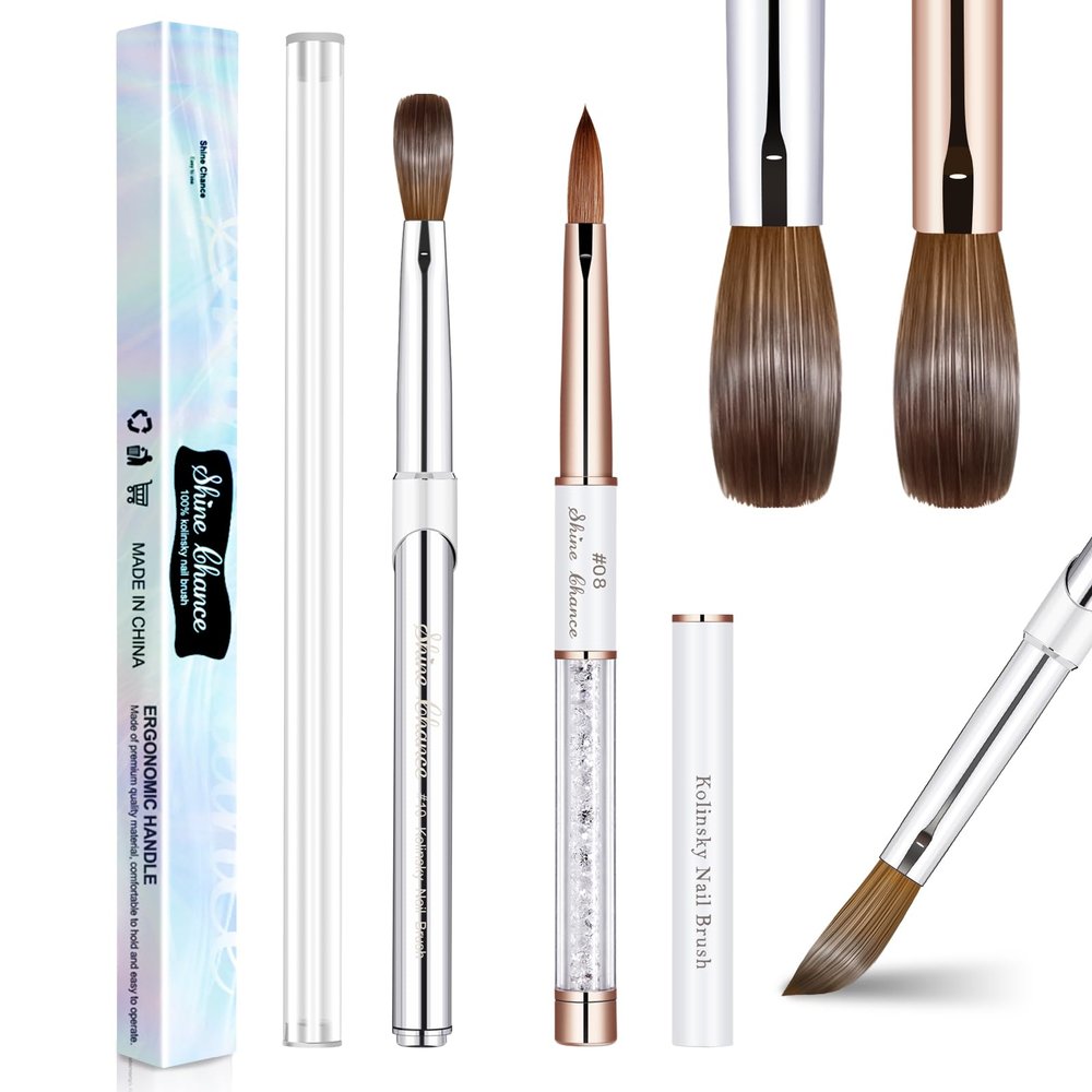 Shine Chance 2Pcs Acrylic Nail Art Brushes Size 8 10, 100% Pure Kolinsky Hair Oval Nail Brush for Acrylic Application, Professional Nail Extension Manicure Tool Striping Nail Drawing Pen for Home