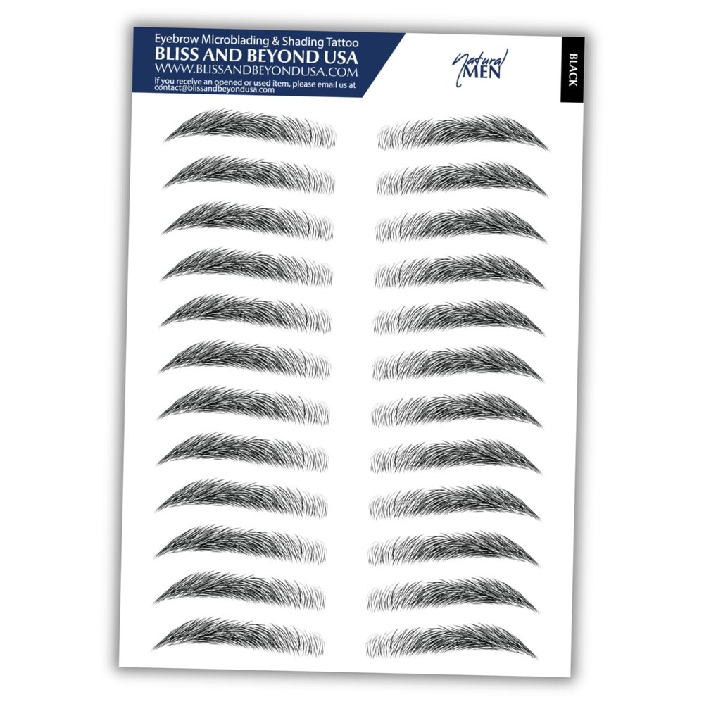 Bliss and Beyond USA | Men Waterproof Eyebrow Tattoo Stickers. A real hair stroke look. Hair replacement without surgery. Solution for hair loss. Bushy Tinted eyebrow tattoos. (MEN) (Standard, Black)