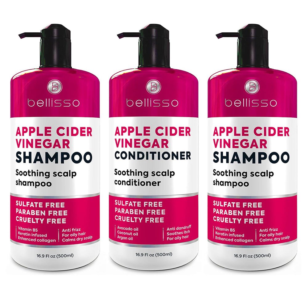 BELLISSO Apple Cider Vinegar Shampoo and Conditioner Set with Natural Ingredients, Anti Dandruff, Moisturizing, Nourishing, Shine, Soothing, Paraben Free, for Women and Men