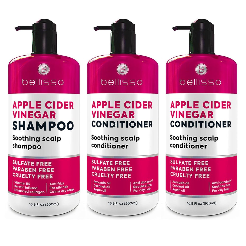 BELLISSO Apple Cider Vinegar Shampoo and Conditioner Set with Natural Ingredients, Sulfate Free, Paraben Free, Ideal for Oily Hair, Soothing and Nourishing, 8 Ounces each