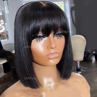 10inch Blunt Cut Human Hair Short Bob Wigs for Black Women 150% Human Hair Wig with Bangs and Scalp None Lace Full Machine Made Wigs with bang Brazilian Glueless