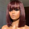 10inch Ombre Short Bob Wigs for Black Women Scalp Top 130% Density 99j Human Hair Wig with Bangs and Scalp None Lace Full Machine Made Wigs with bang Burgundy Brazilian Glueless view 1