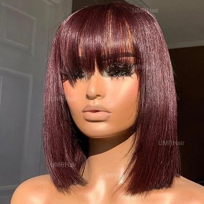 12inch Ombre Short Bob Wigs for Black Women Scalp Top 150% Density 99j Human Hair Wig with Bangs and Scalp None Lace Full Machine Made Wigs with bang Burgundy Brazilian Glueless