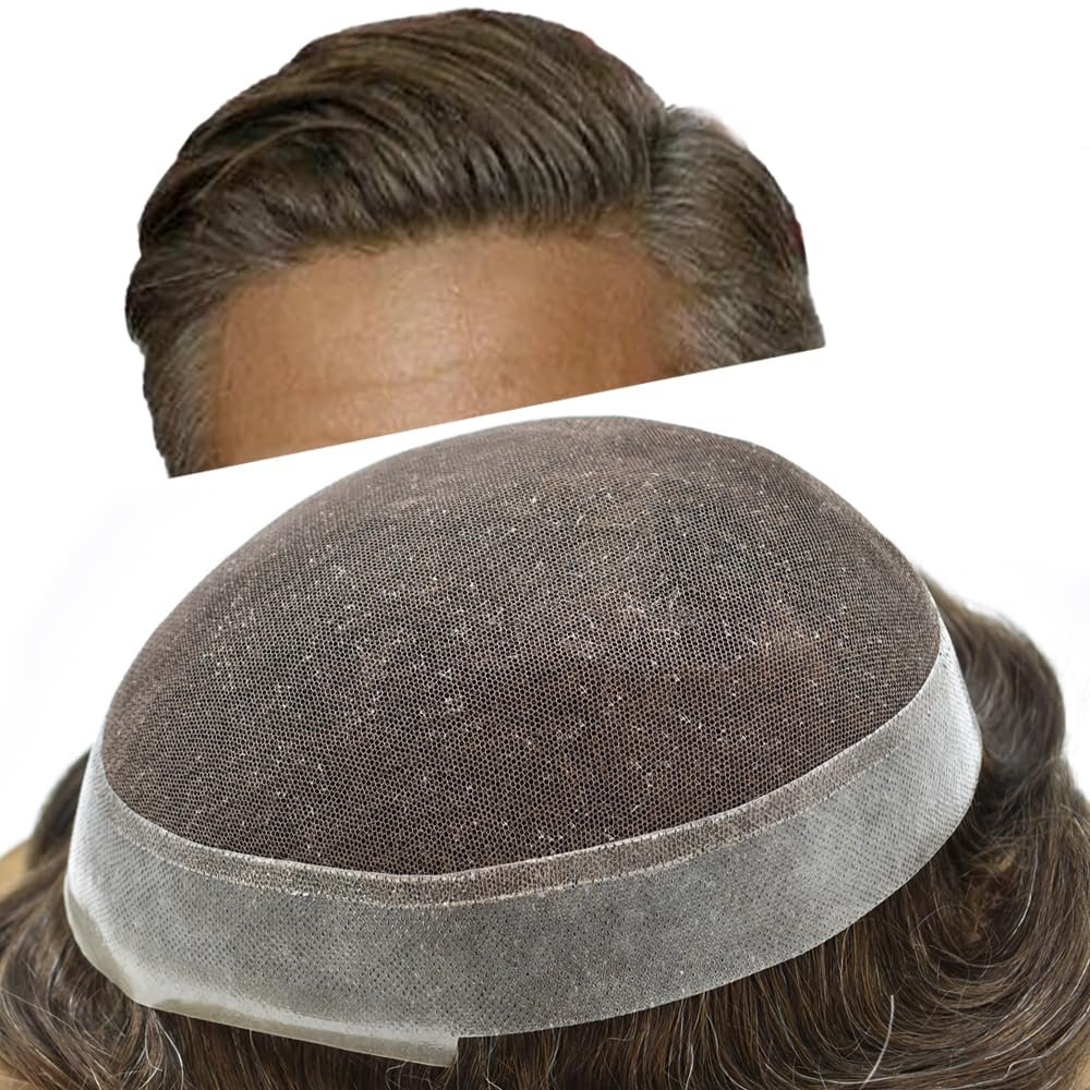 Hair Wonders Toupee For Men Hair Piece Replacement System For Men Real Human Hair Swiss Lace Mens Toupee Hairpieces For Men Hair Prosthesis 7x9 Medium light density #210 2# DARKEST BROWN+10% GREY
