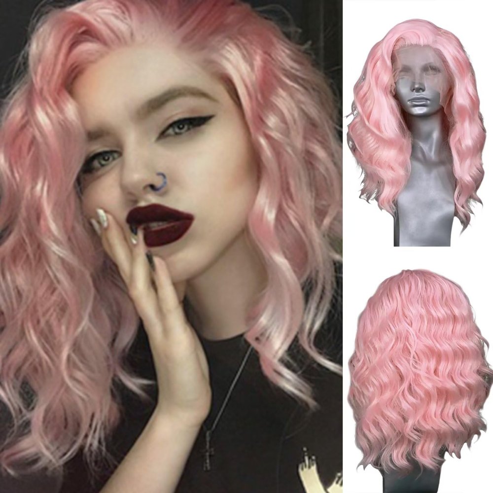 RONGDUOYI RDY Free Part Pink Bubble Color Short Wave Bob Hair Synthetic Wigs Heat Friendly Glueless Natural Hairline Shoulder Length Curl Wavy Wigs 150% Density Cosplay Makeup Wear Hair 16 Inch