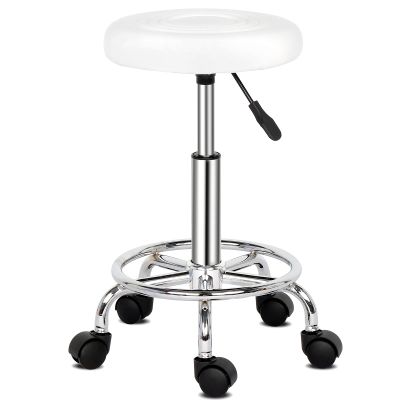 9zH&K PU Leather Round Rolling Stool with Foot Rest, 360 Rotation Swivel Spa Drafting Salon Tattoo Work Office Massage Stools Task Chair Pedicure Stool with 5 Wheels, 13"x13"x24"(LxWxH) (White2)