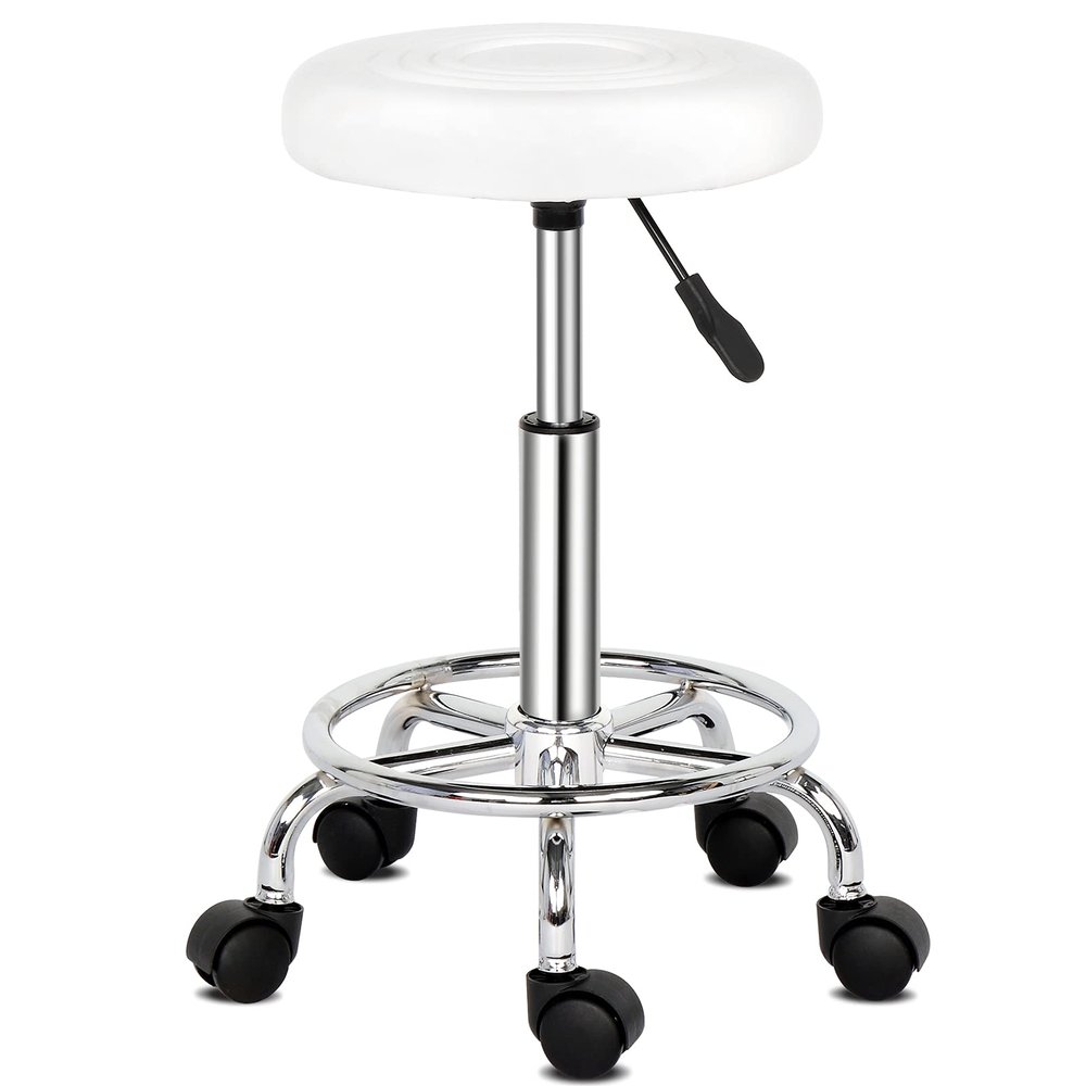9zH&K PU Leather Round Rolling Stool with Foot Rest, 360 Rotation Swivel Spa Drafting Salon Tattoo Work Office Massage Stools Task Chair Pedicure Stool with 5 Wheels, 13"x13"x24"(LxWxH) (White2)