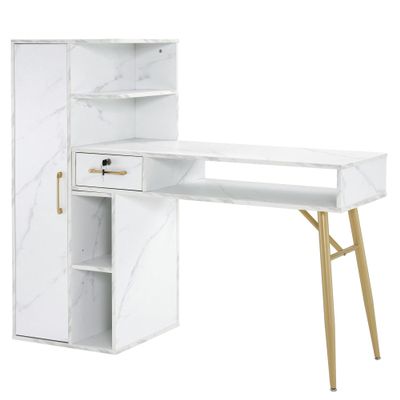 BarberPub Manicure Table with Marble Texture, Nail Desk with 1 Lockable Drawer, 4-Tier Cabinet, for Nail Tech & Beauty Salon (White)