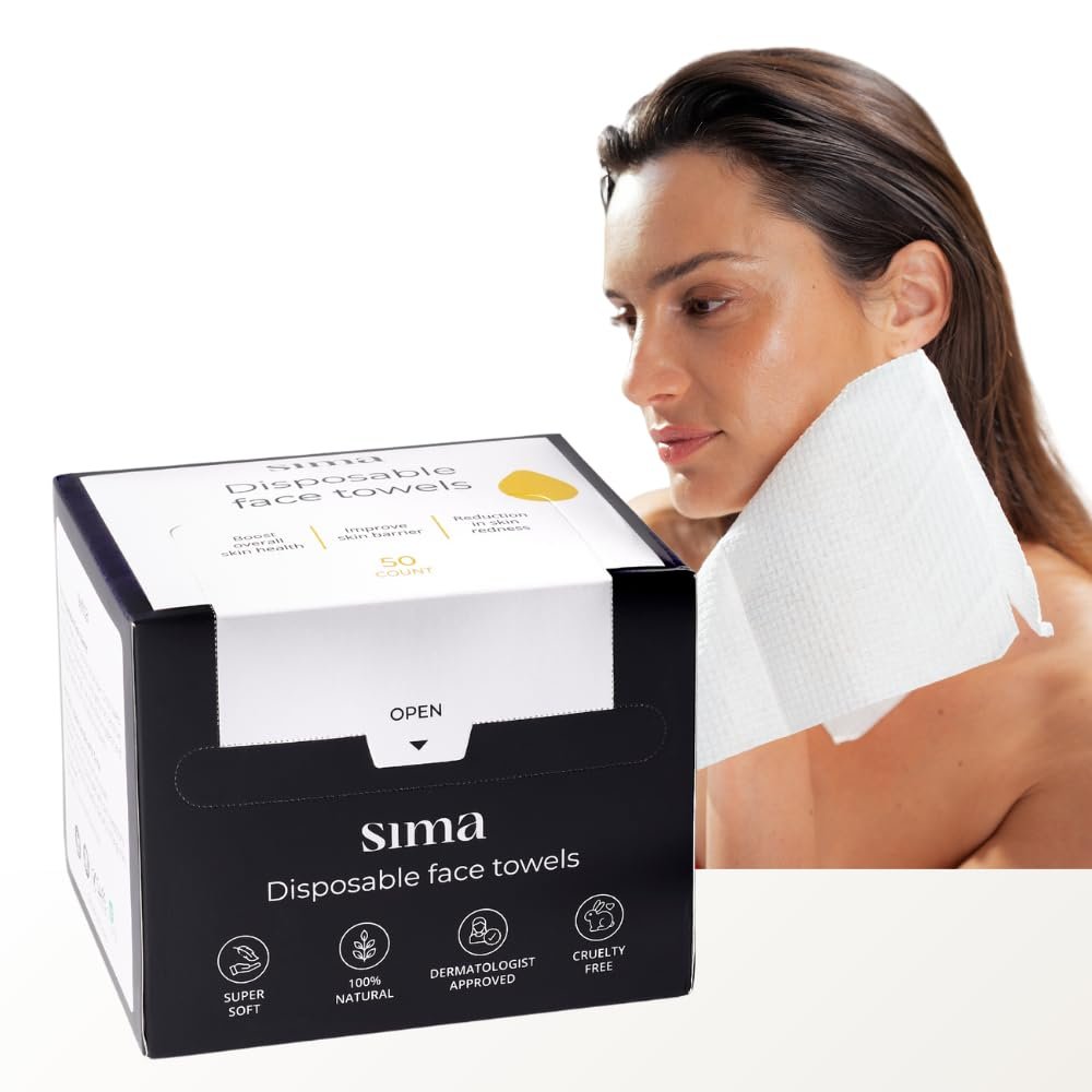 Sima Disposable Face Towels for Drying - 100% Cotton Face Wipes 50 Pack - Biodegradable Makeup Remover for Sensitive Skin, Gentle Clean Facial Cloth - Ultra-Soft & Lint-Free, Cruelty Free