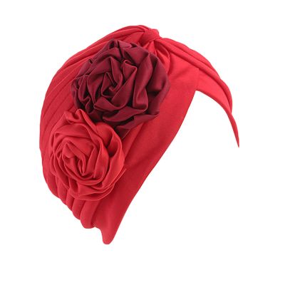 Flower Twisted Turbans for Women Pre Tied Turban Headband Cap Stretchy African Head Wraps for Black Women (Red, One Size)