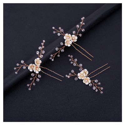 3Pieces Flower Bride Wedding Hair Pins U-shaped Rhinestone Hair Accessories for Brides Women Girls (small, Gold)