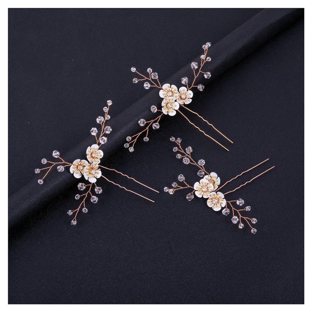 3Pieces Flower Bride Wedding Hair Pins U-shaped Rhinestone Hair Accessories for Brides Women Girls (small, Gold)