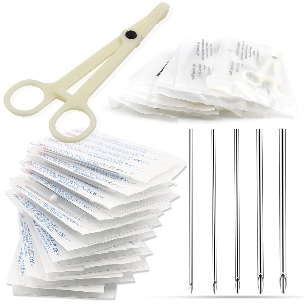 WZPB Disposable Piercing Clamps Kit 75Pcs - 25Pcs Plastic Piercing Forceps and 50Pcs Piercing Needles 12G 14G 16G 18G 20G for Ear Nose Lip Belly Piercing