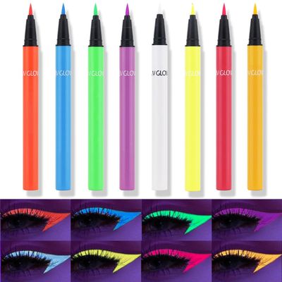8 Colors Neon Colorful Liquid Eyeliner Makeup Set Kit Glow in the Dark Bright Rainbow Matte Colored Pigmented Graphic Liquid Eyeliners Pen Set for Body Face Paint Delineador de ojos lquido de nen