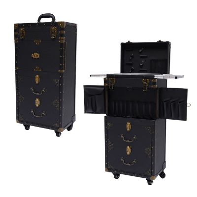 Beauty Salon Luggage,24 inch Hairdressing Trolley Stylist Beauty Salon Cosmetic Luggage Travel Organizer Tool Box with Hair Dryer Holder Rolling Lockable Makeup Train Case