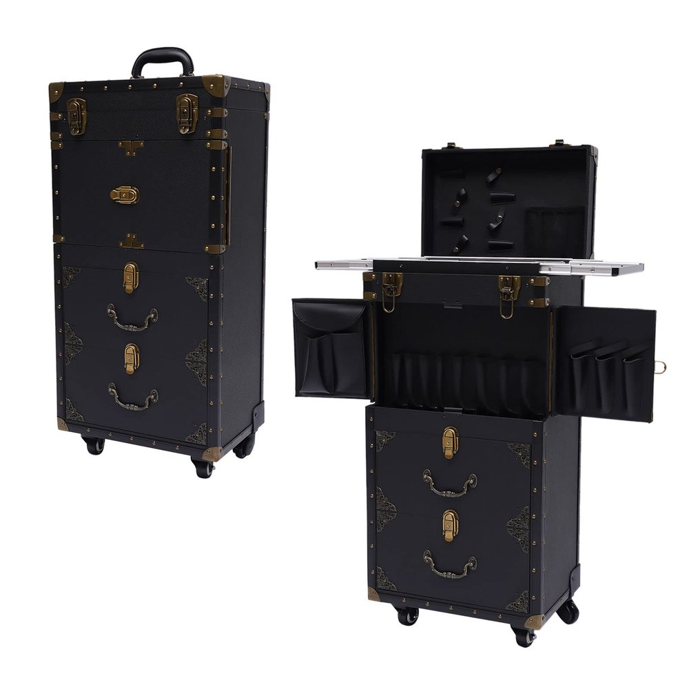 Beauty Salon Luggage,24 inch Hairdressing Trolley Stylist Beauty Salon Cosmetic Luggage Travel Organizer Tool Box with Hair Dryer Holder Rolling Lockable Makeup Train Case