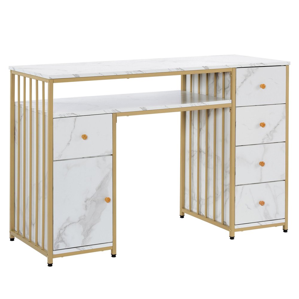 BarberPub Nail Desk with Storage Cabinet Manicure Table with 5 Drawers Makeup Storage Home Beauty Salon Spa Workstation with Metal Frame 2414 (White)