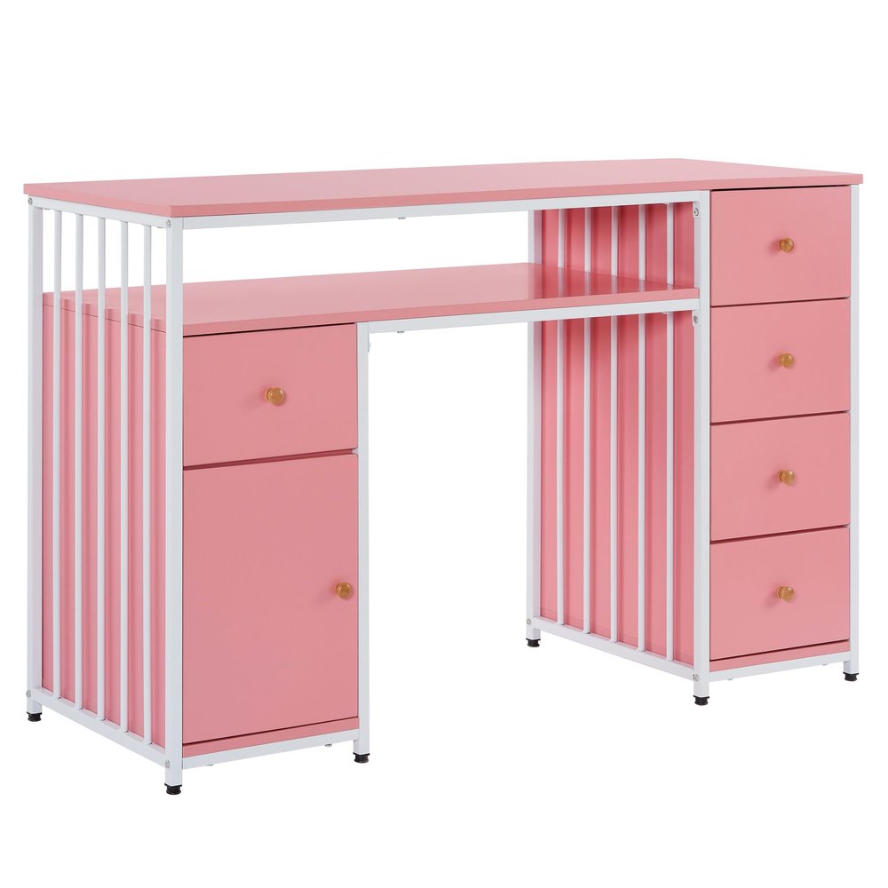 BarberPub Nail Desk with Storage Cabinet Manicure Table with 5 Drawers Makeup Storage Home Beauty Salon Spa Workstation with Metal Frame 2414 (Pink)