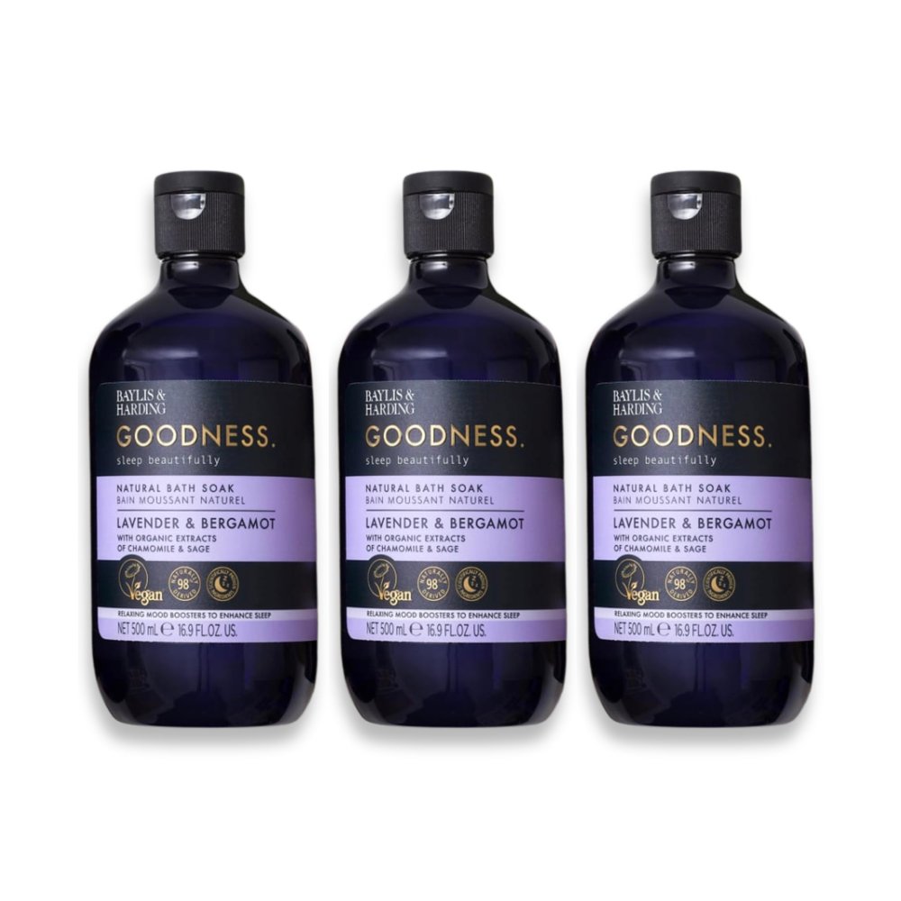 Baylis & Harding Goodness Bath Soak | Lavender & Bergamot | Relaxing Mood Boosters to Enhance Sleep for Men and for Women | Natural Essential Oils, Dermatologist Approved, Vegan | 3 Pack