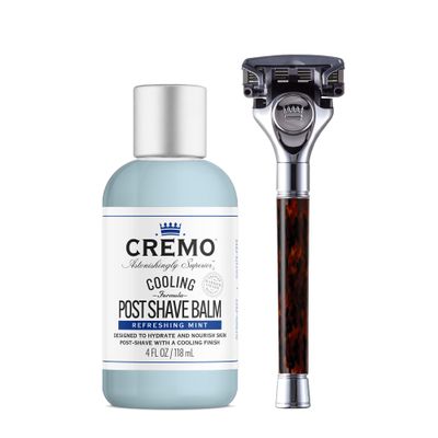 Cremo Astonishingly Superior Tortoise Shell (Horn) Razor Kit with Cremo Cooling Formula Post Shave Balm, 4 Oz