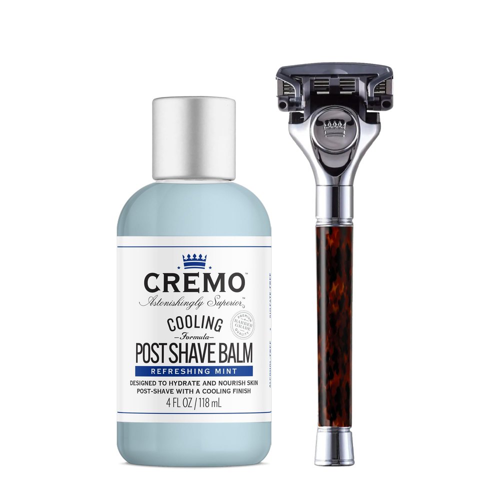 Cremo Astonishingly Superior Tortoise Shell (Horn) Razor Kit with Cremo Cooling Formula Post Shave Balm, 4 Oz