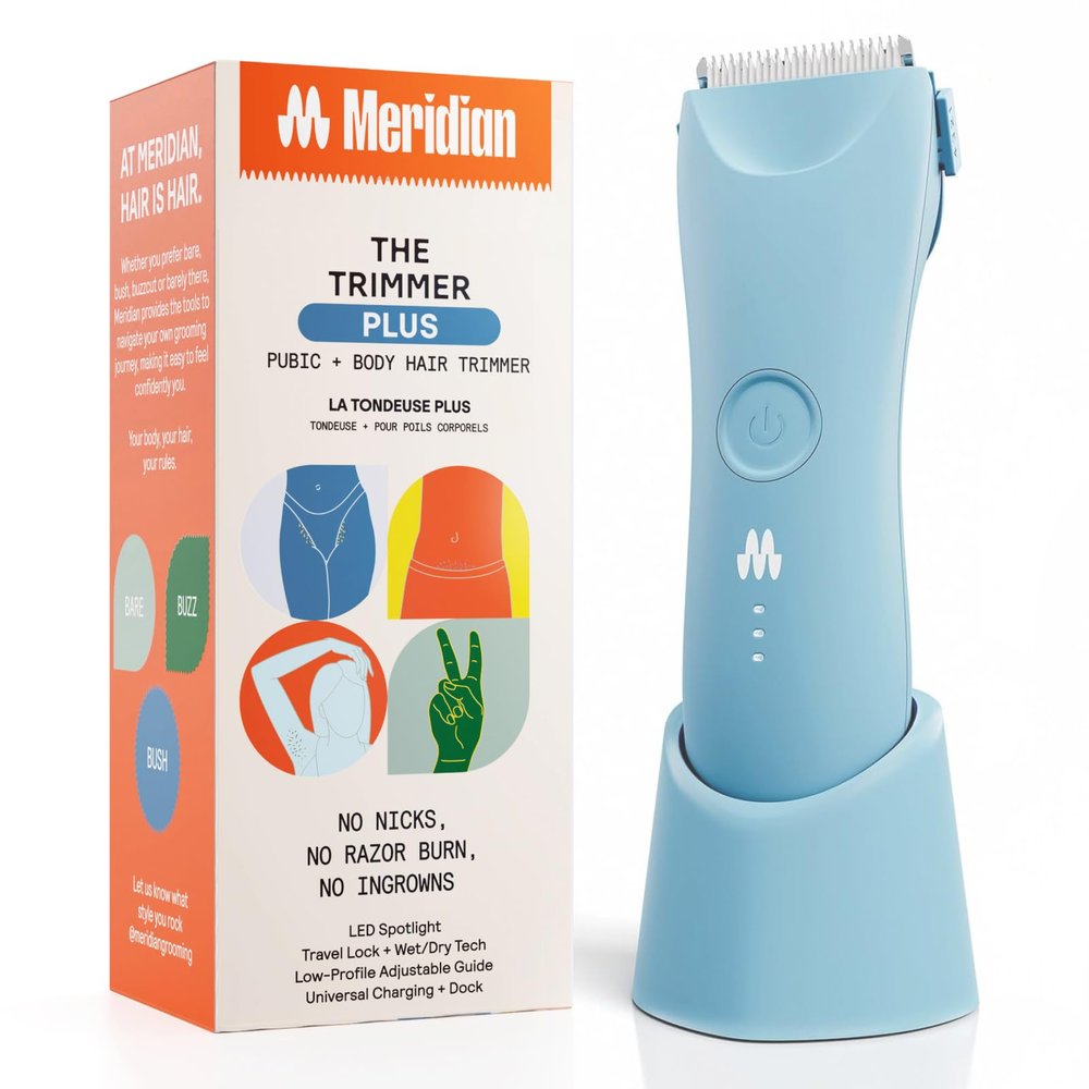 MERIDIAN The Trimmer Plus - Body Hair Trimmer & Waterproof Electric Shaver for Men and Women for Pubic Hair, Chest, Legs & Bikini Line, UBS-C Cable & Charging Dock Included, Sky