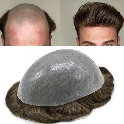 Men Toupee Hairpieces 100% European Virgin Human Hair Toupee For Men Natural Looking Hair Replcement System Mens Toupee Full Poly Skin Hair Piece Toupee Hair Units (8''X10'', 4ASH Medium-dark brown with ash tone-120% light medium to meidium)