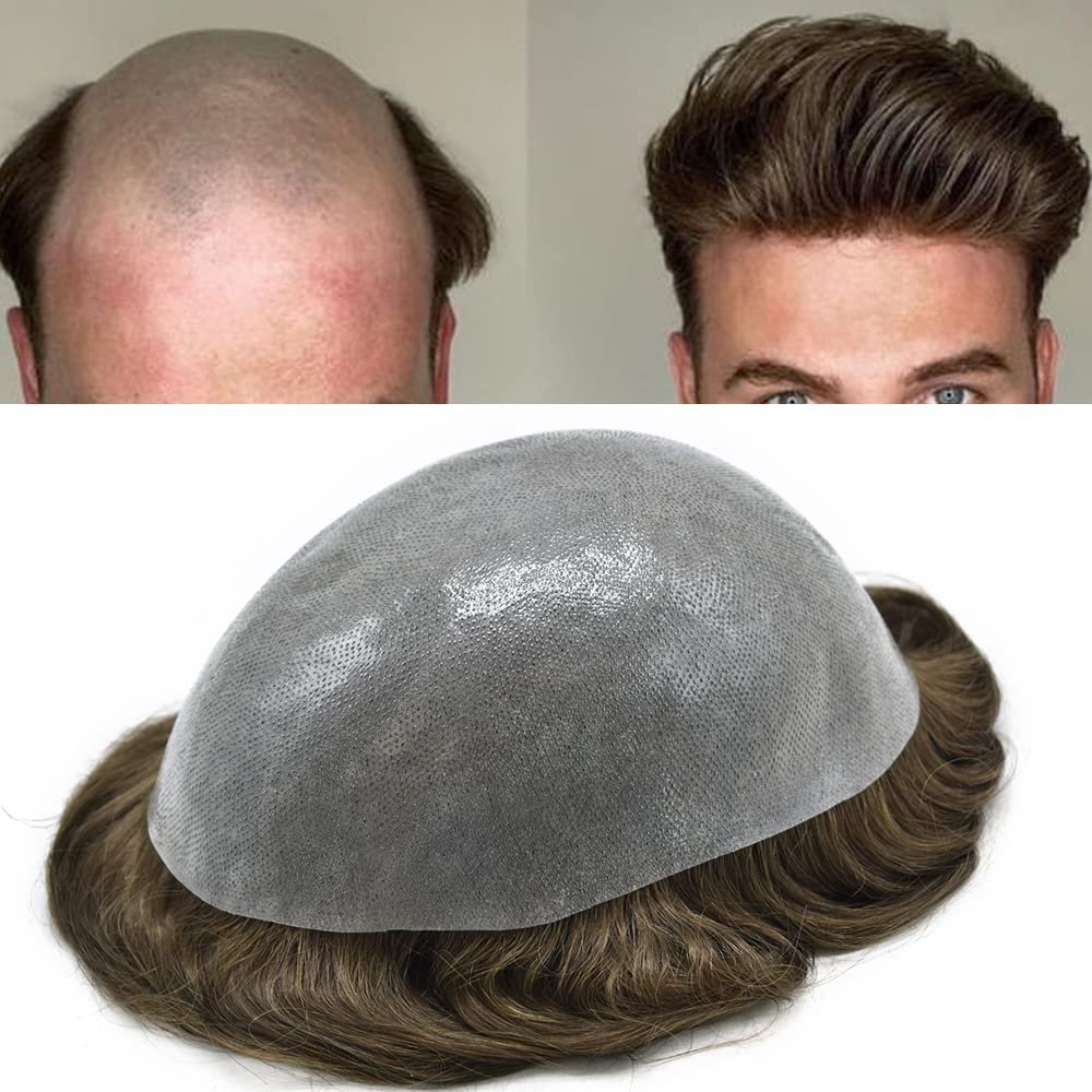 Men Toupee Hairpieces 100% European Virgin Human Hair Toupee For Men Natural Looking Hair Replcement System Mens Toupee Full Poly Skin Hair Piece Toupee Hair Units (8''X10'', 4ASH Medium-dark brown with ash tone-120% light medium to meidium)