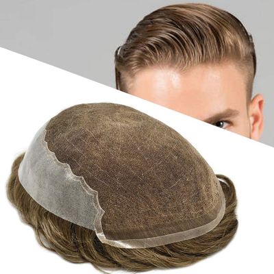 Toupee for Men Human Hair Replacement System Transparent Lace Mens Toupee Bleached Knots Lace Front Thin Skin Men Hair Piece Unit Natural Wigs For Men (8''X10'', #6R-100% Light to Med-Light Density)