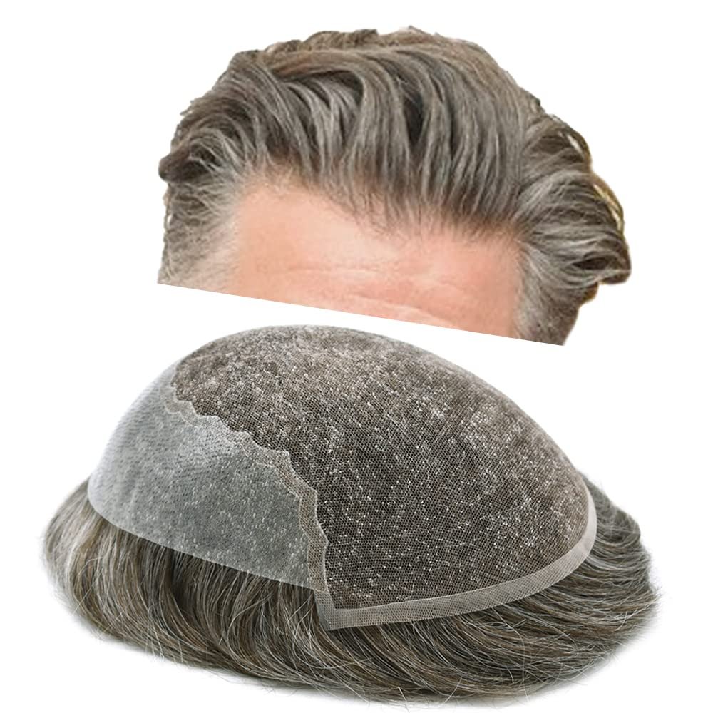Curve Hair Toupee for Men Human Hair Replacement System Transparent Lace Mens Toupee Lace Front PU Skin Men Hair Piece Unit Natural Wigs For Men (8''X10'', #640 Light Brown+40% Gray)