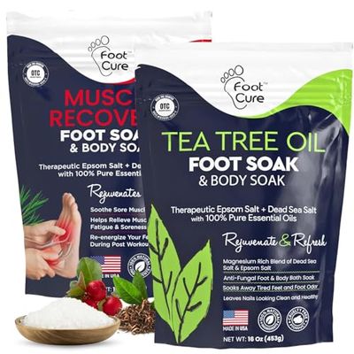 FOOT CURE Tea Tree Oil & Muscle Foot Soak with Epsom Salts - All-Natural Salts for Post-Workout Recovery - Softens Calluses, Soothes Sore & Tired Feet, Foot Odor Control, Spa Pedicure (Pack of 2)