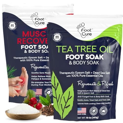 FOOT CURE Tea Tree Oil & Muscle Foot Soak with Epsom Salts - All-Natural Salts for Post-Workout Recovery - Softens Calluses, Soothes Sore & Tired Feet, Foot Odor Control, Spa Pedicure (Pack of 2)