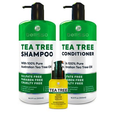 BELLISSO Tea Tree Oil Shampoo, Conditioner Set, and Serum - Sulfate Free, Hydrating, Soothing for Itchy Scalp, Dry Hair, Dandruff, All Hair Types, Fight Damage, Color Treated - 3 Count