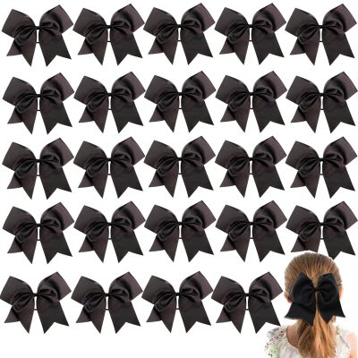 24Pcs 8" Large Cheer Hair Bows for Girls Ponytail Holder Grosgrain Ribbon Cheerleading Bows Elastic Hair Tie Bands for Girls Teens Softball Cheerleader Sports (Black)
