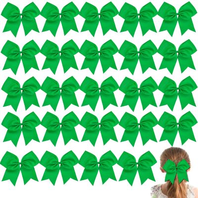 24Pcs 8" Large Cheer Hair Bows for Girls Ponytail Holder Grosgrain Ribbon Cheerleading Bows Elastic Hair Tie Bands for Girls Teens Softball Cheerleader Sports (Green)