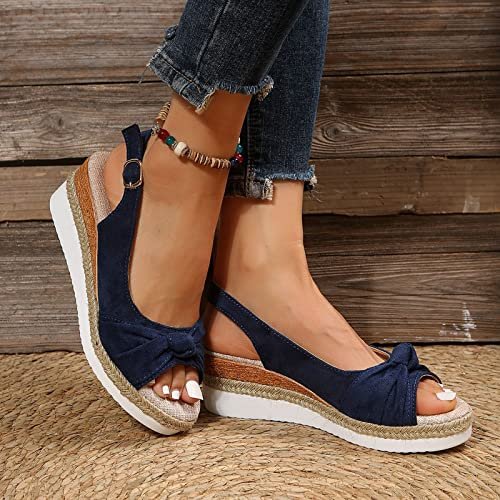 Espadrille Wedge Sandal Women Dressy Platform Sandals Cute Comfortable Walking Beach Sandals for Women Summer Open Toe Low Wedge Heel Ankle Buckle Shoes Orthotic Sandals for Women (08-Blue, 9)
