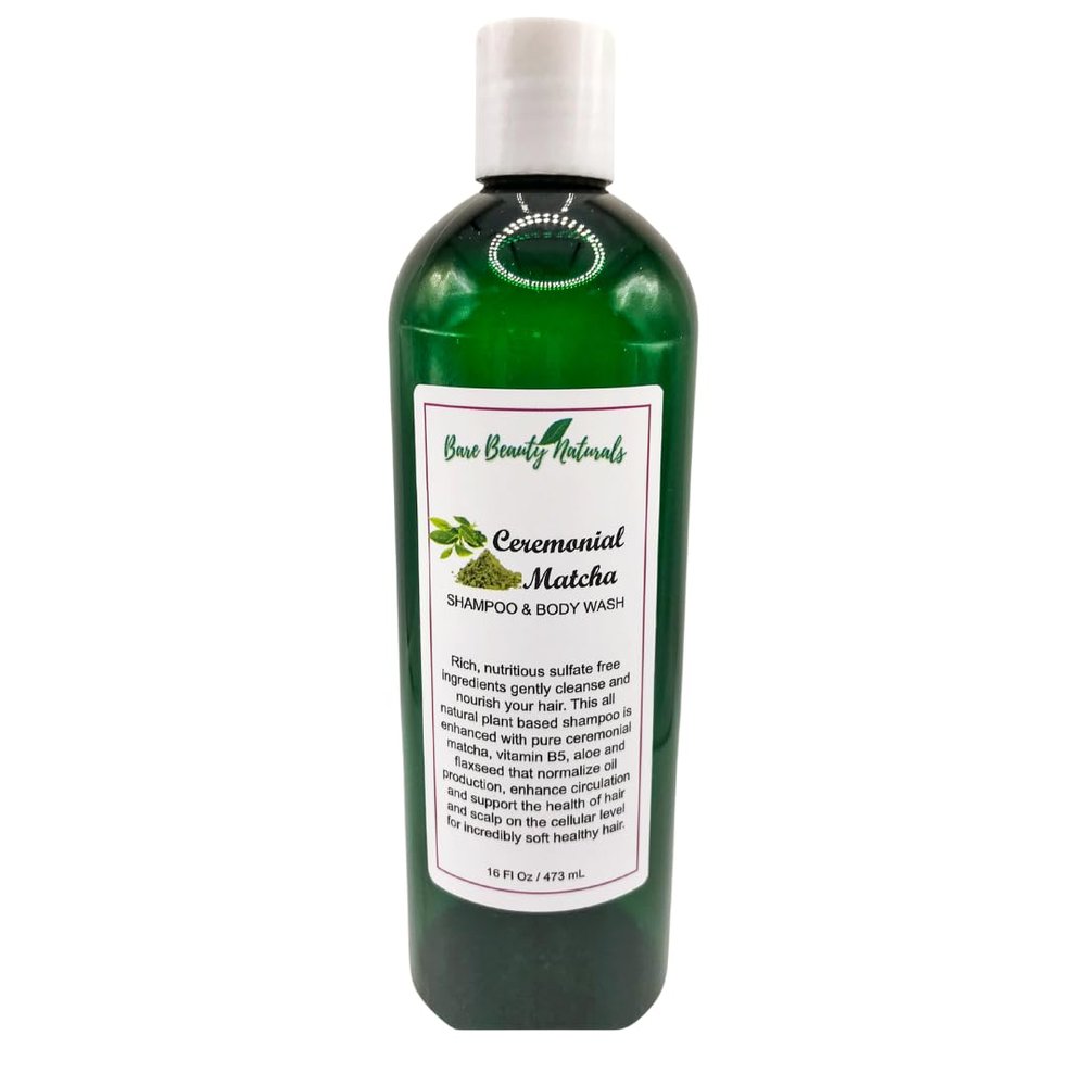 Bare Beauty Naturals 100% Natural Ceremonial Matcha Shampoo Face and Body Wash- Sulfate Free- Nourishing- Cleansing- Antibacterial- Chemical Free-Plant-Based (8 Fluid Ounces, Pour top (pack of 1))