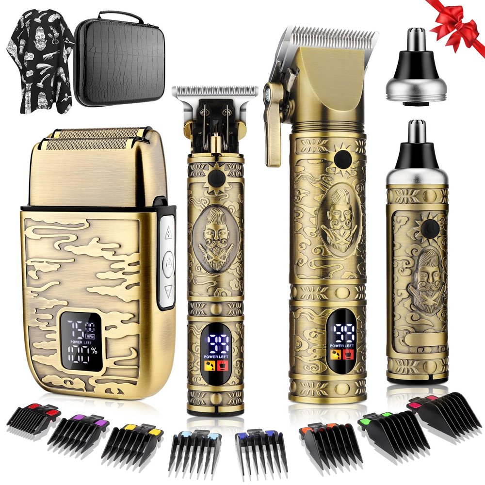 QREEYX Hair Clippers for Man T-Blade Trimmer Nose Hair Trimmer Electric Shaver Set, Professional Metal Body Barber Clippers Set for Haircut, Mens Grooming Kit with LCD Display, Ideal Gift for Him